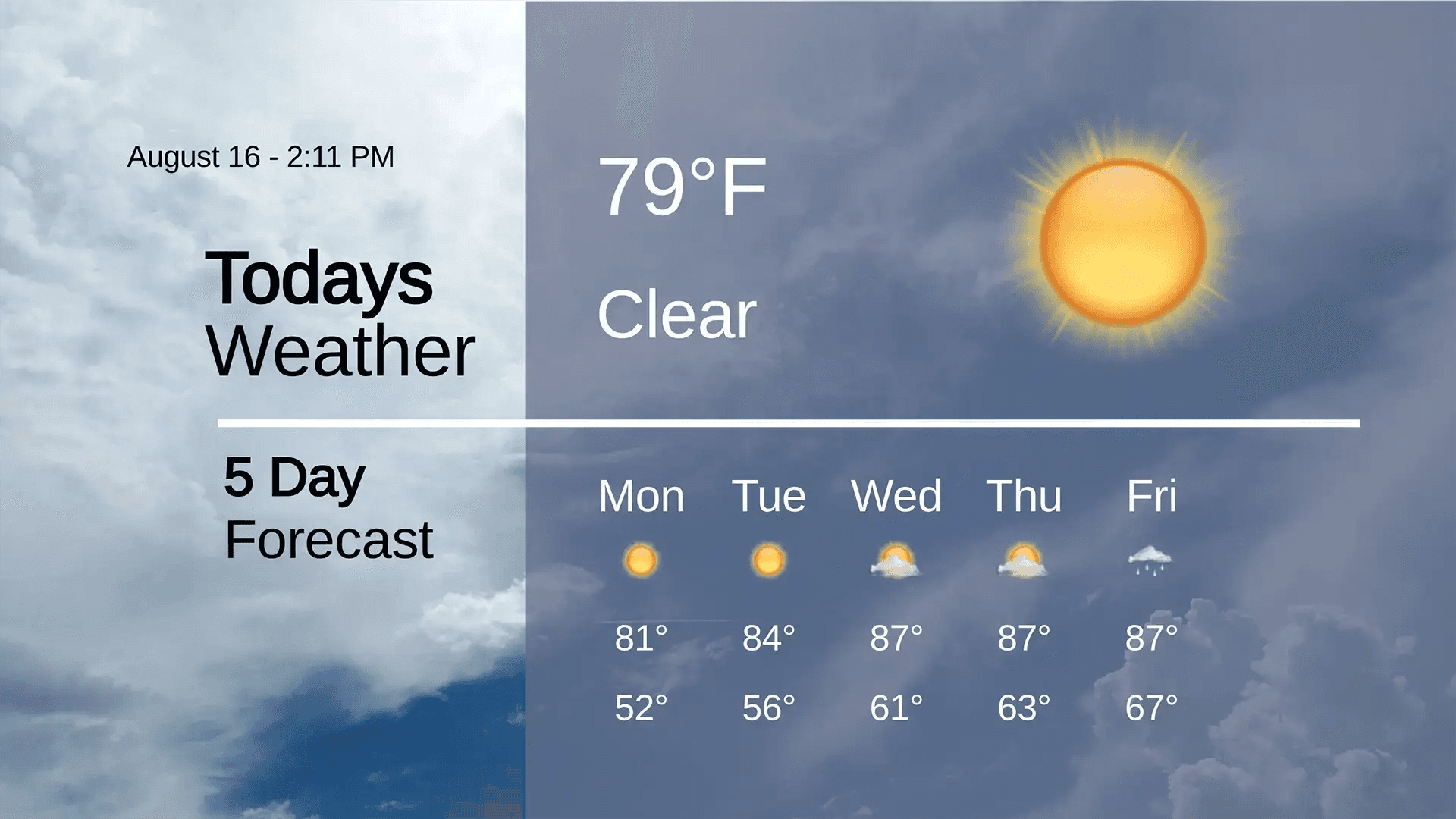 Arreya weather widget showing a current forecast on a digital signage screen.