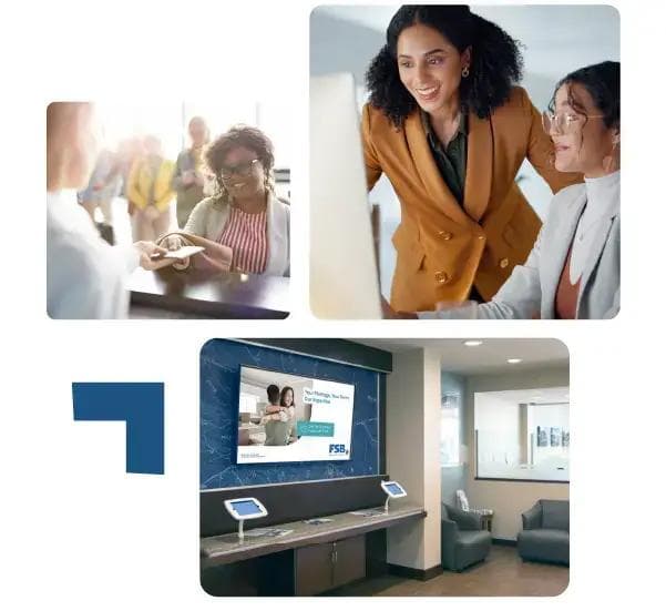 Bank marketing team designing digital signage shown on a branch display