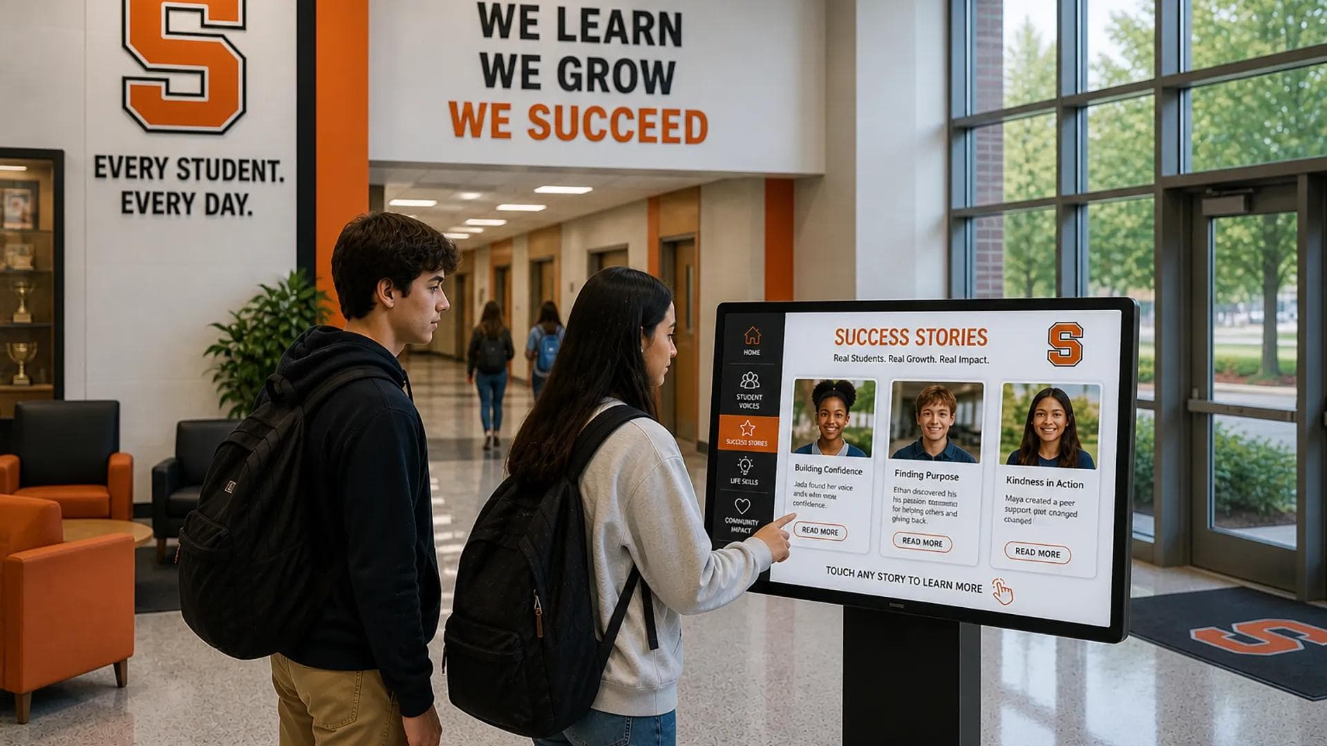 A digital signage slide highlighting student success stories.