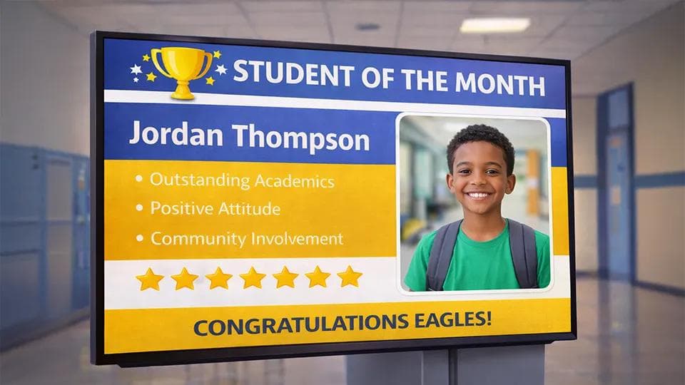 A digital screen in a school displays the student of the month with a photo and description.