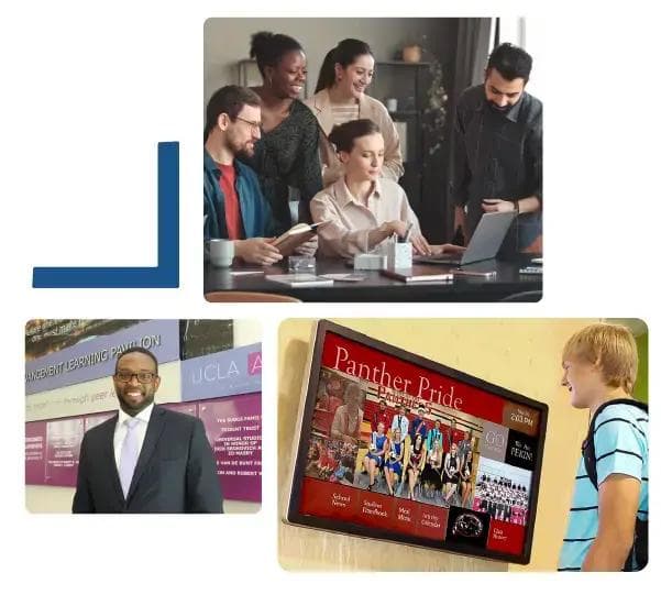 Teachers and students engaging with school digital signage