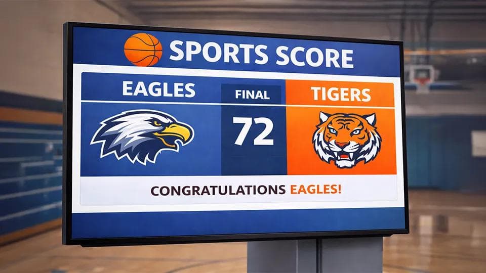 Digital signage in a school gym reports team results and game scores.
