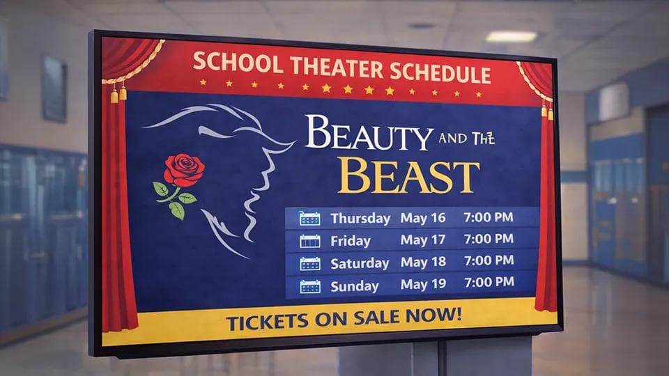 A digital signage screen promotes an upcoming school play to help drive attendance and engagement.