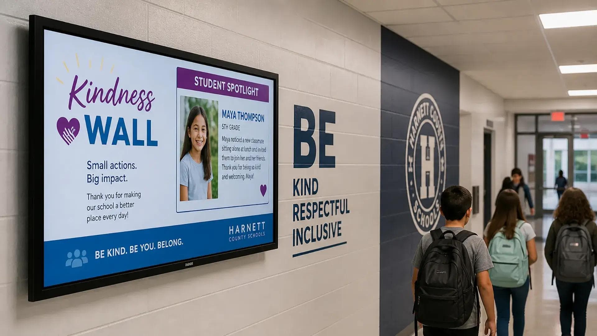 A hallway display promotes student kindness acts to reinforce the school's SEL program.