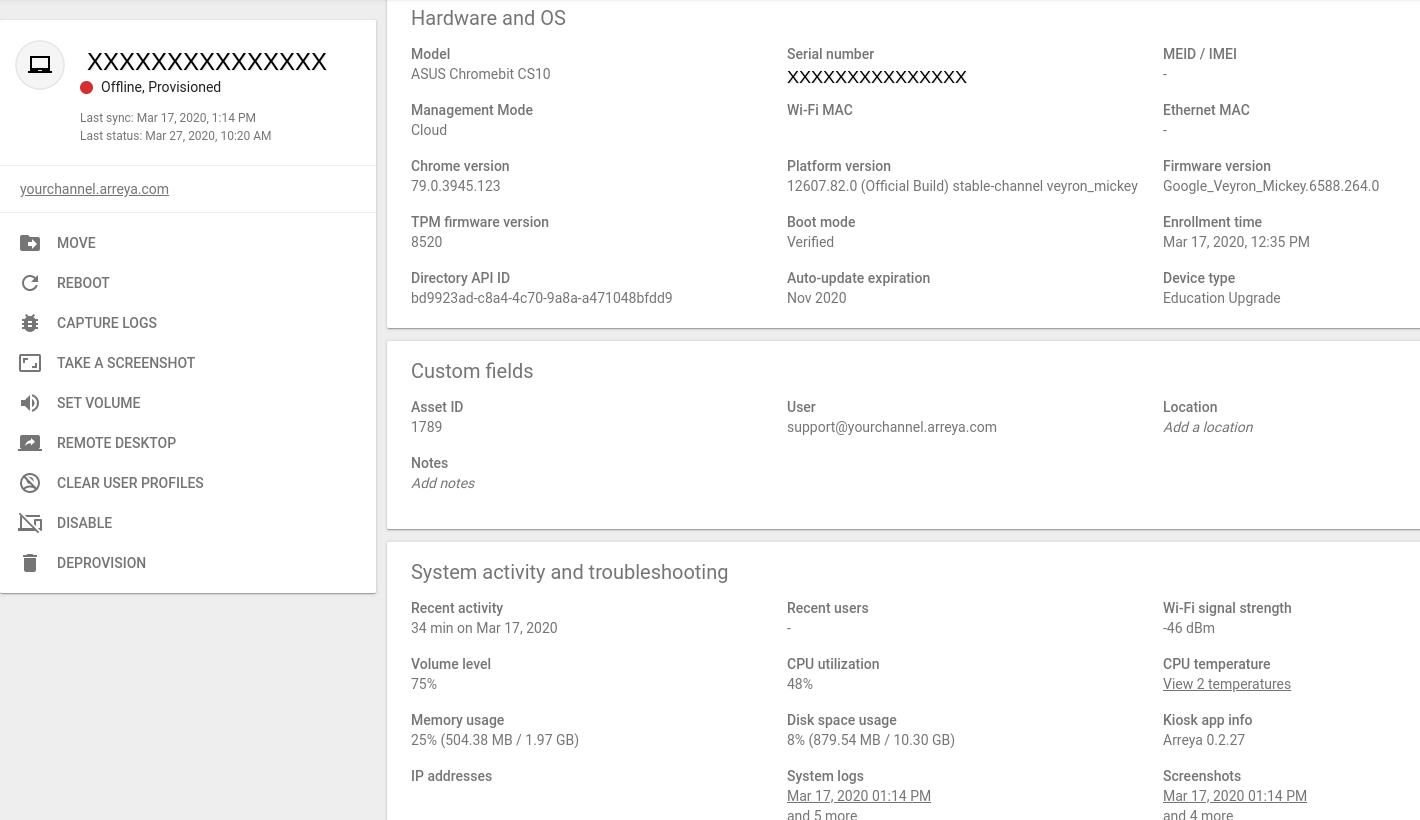 device logs for chrome devices for digital signage