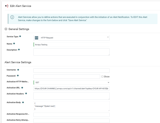 Edit Alert Service and Alert Settings