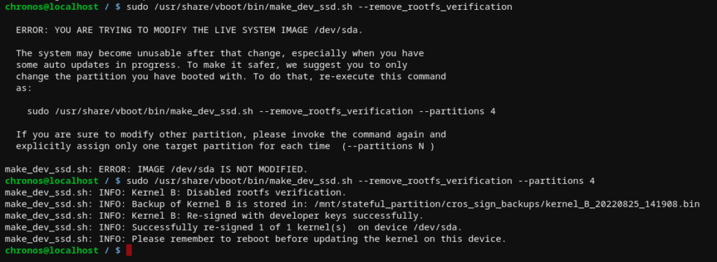 ChromeOS rootfs verification disable