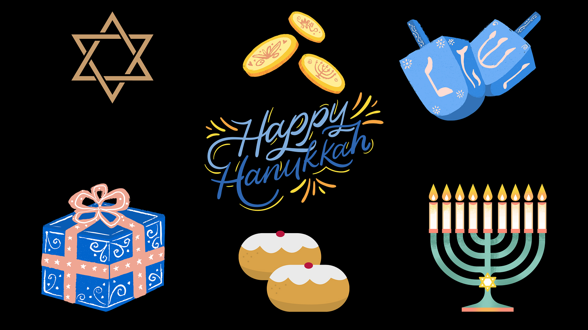 Happy Hanukkah. Black background with green menorah, blue dreidel, sufganiyot, a present, three gold coins, and a Star of David