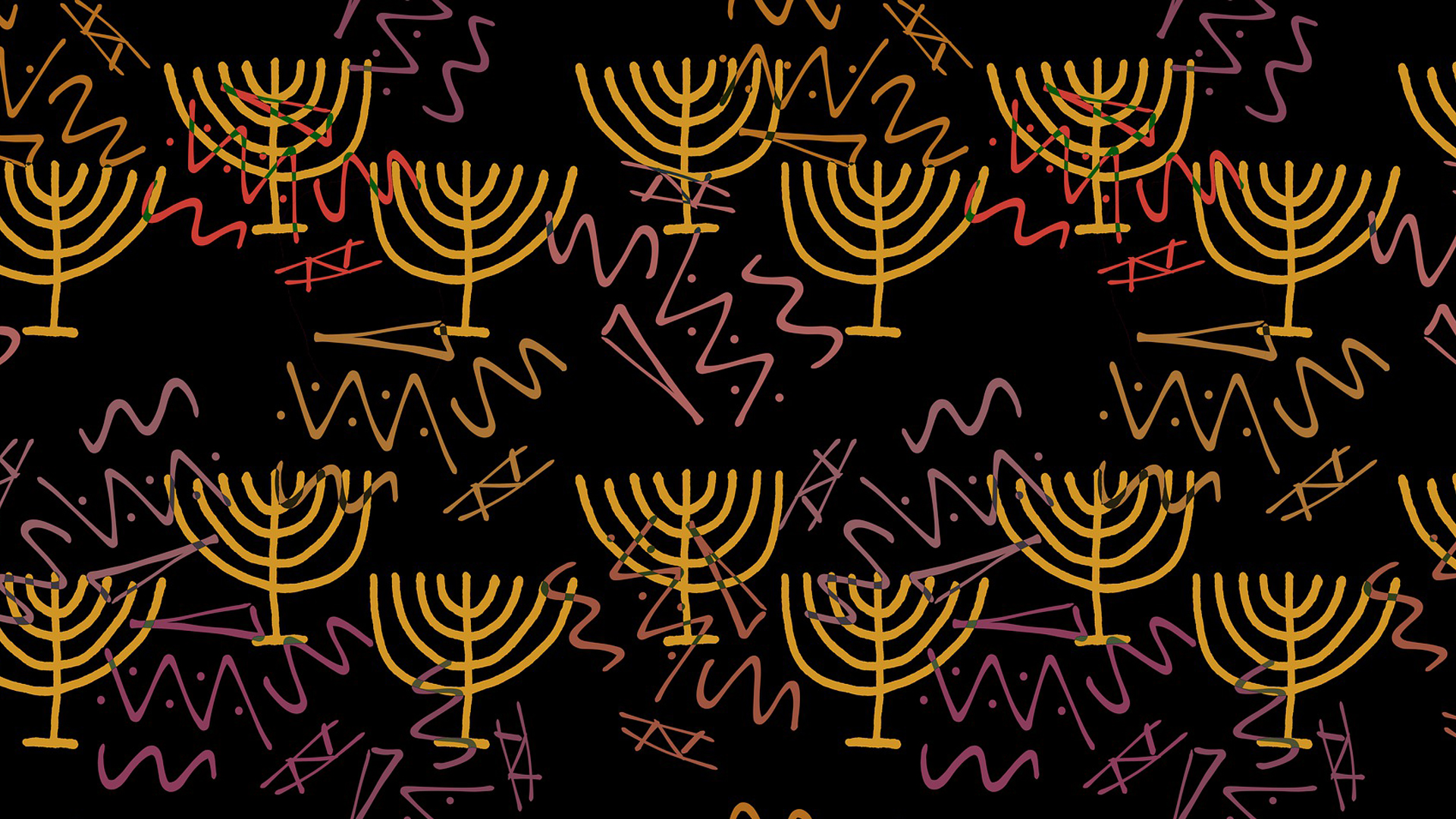 Happy Hanukkah. Black background with yellow menorahs and squiggly pink, tan, and orange graphic elements.