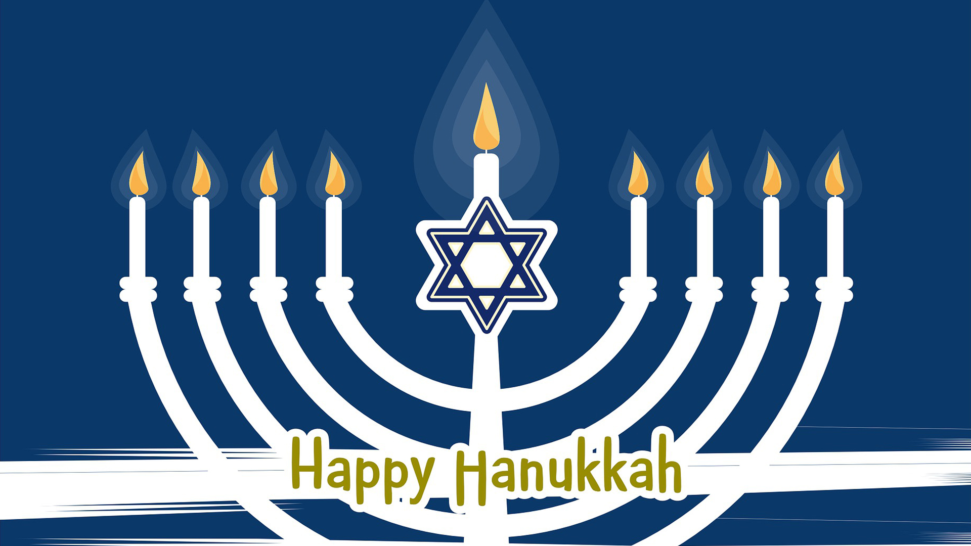 Happy Hanukkah. Navy blue background with a white menorah lit, with a Star of David in the middle.