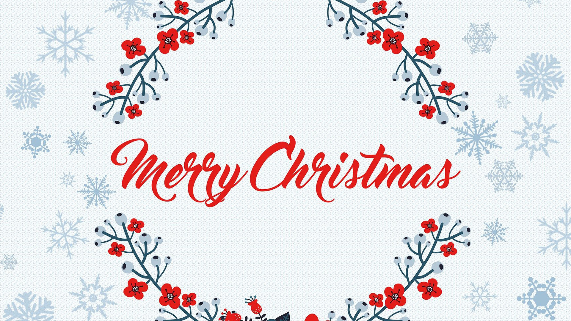 Grey and white sweater pattern in the background with light blue snowflakes spread across the left and right sides of the graphic. Towards the middle there's a circular red and blue berry halo with the words Merry Christmas written in a red festive cursive font.