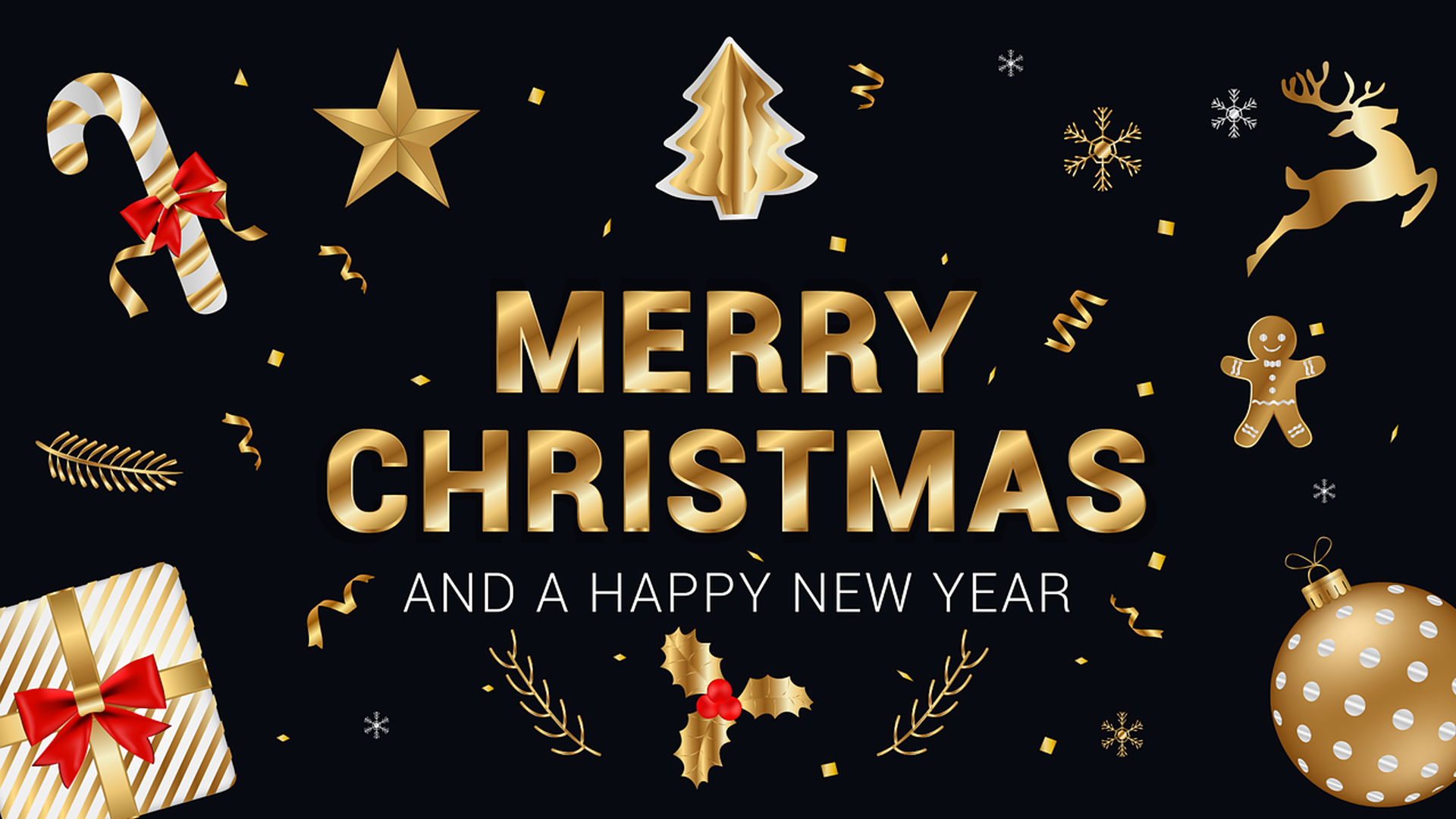 Black background with white and gold christmas elements placed all around the edges of the graphic. For example, jumping reindeer, star, confetti, candy cane, tree, ornament, presents and tree stems. Merry Christmas and a Happy New Year is written in the middle with emphasis on Merry Christmas in gold.