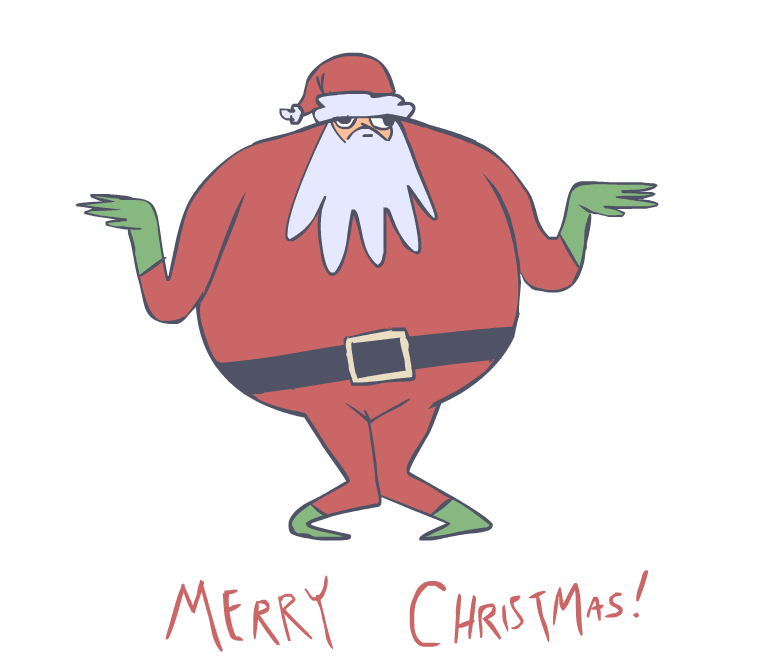 Animated Santa dancing side to side and Kicking his legs out. Wearing green gloves and socks. With Merry Christmas written across the bottom.