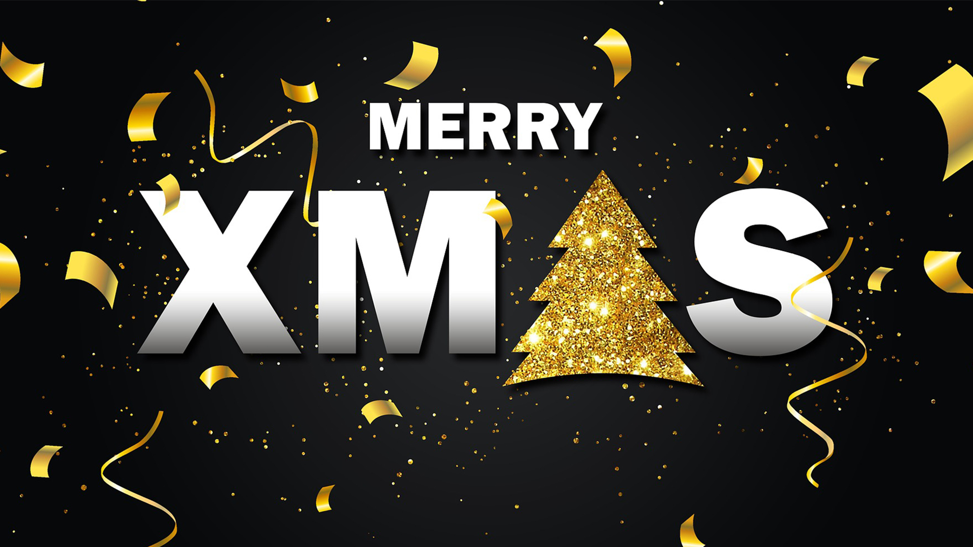 Black background with gold confetti. Merry XMAS is written across the middle of the screen with a gold tree replacing the a in xmas