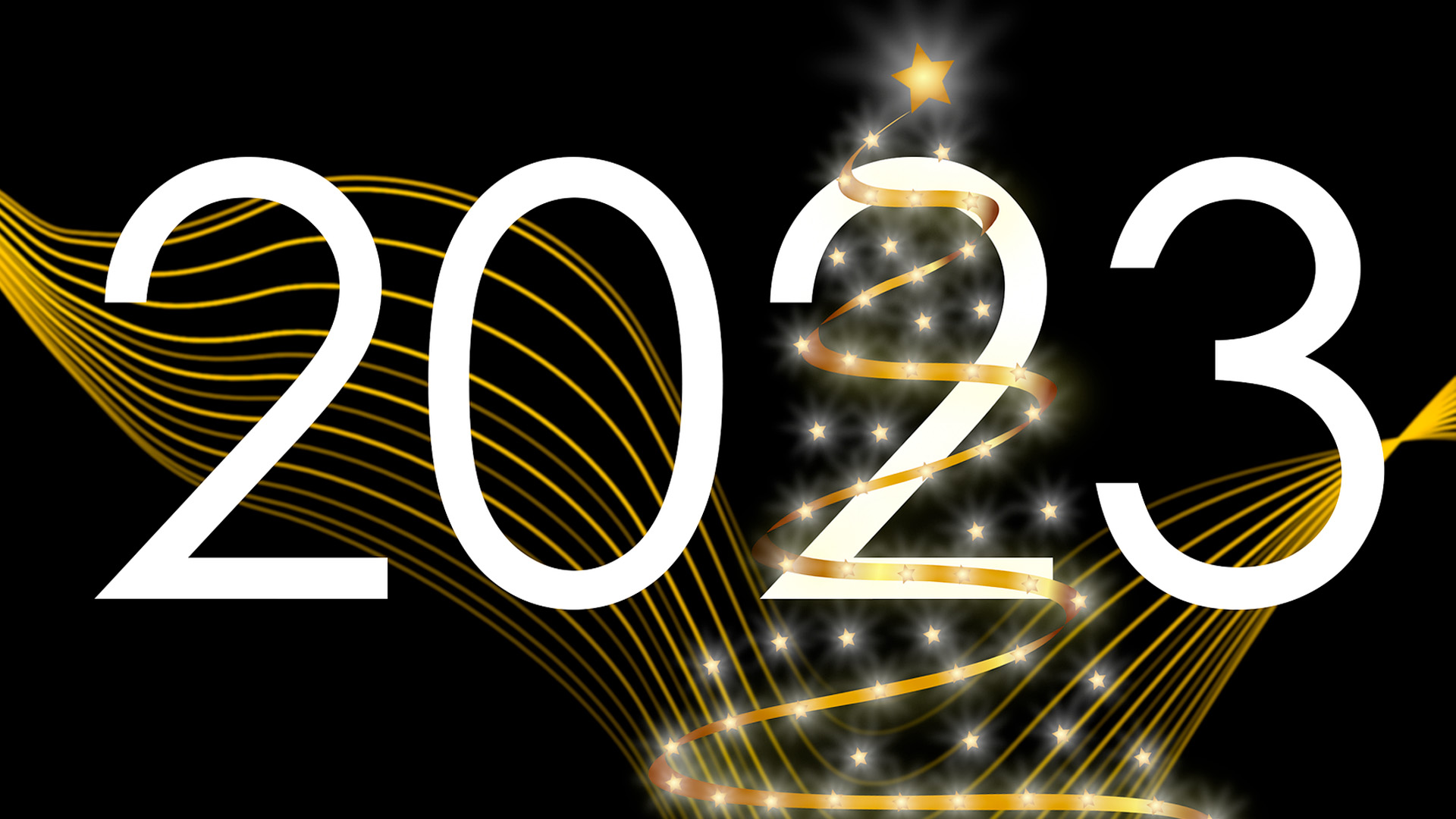 Black background with white 2023 text spanning out across the image. Gold abstract wave motion in the background with a gold ribbon zigzag tree across the second 2.
