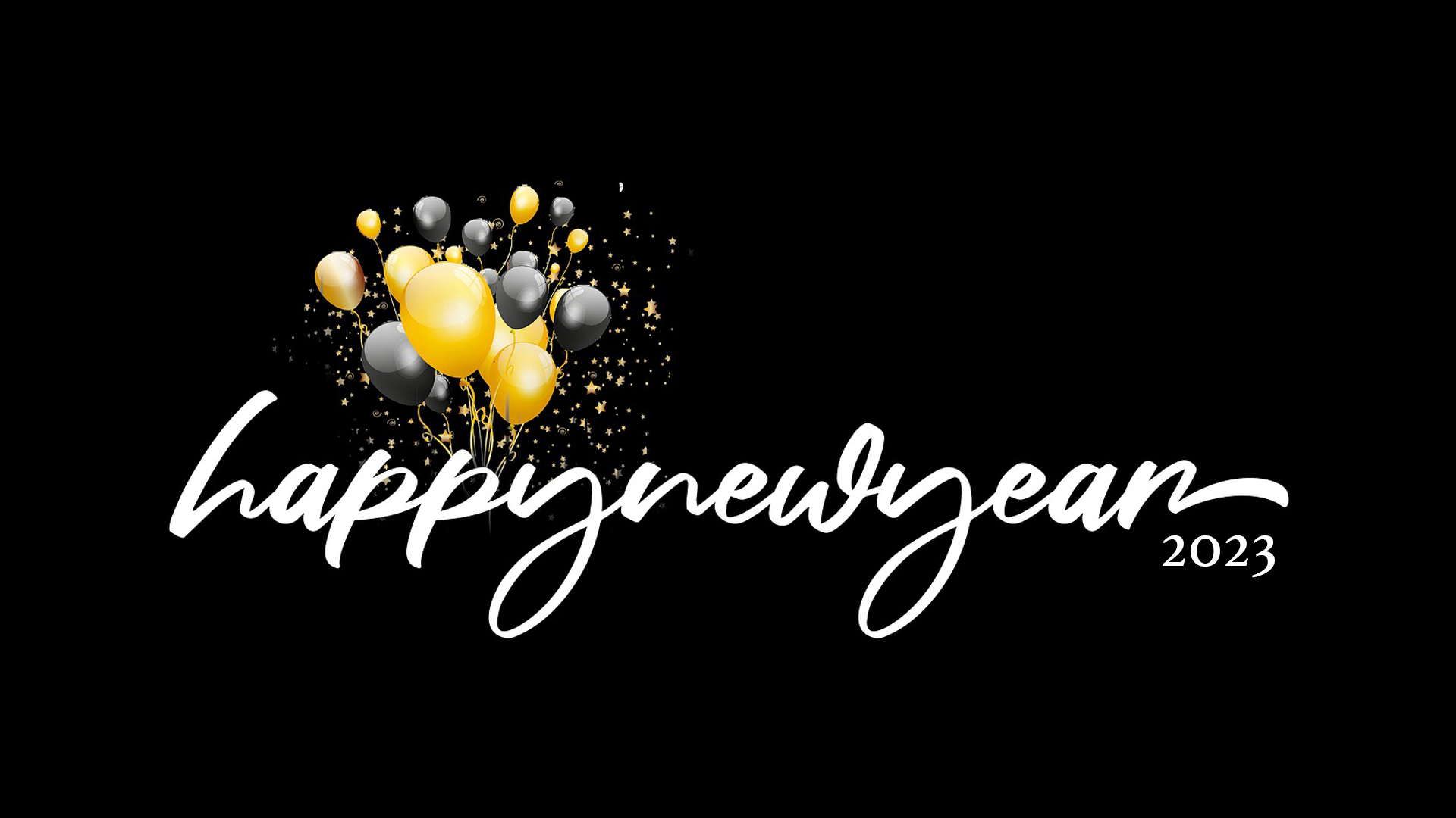 Black background with a cursive white Happy New Year text spanning out across the image. black and gold balloons with gold confetti rising up from the 'p' in happy.