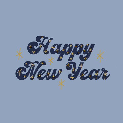 Baby blue background with Happy New Year written out with a navy blue thick cursive font. Animated with gold stars blinking across the font.