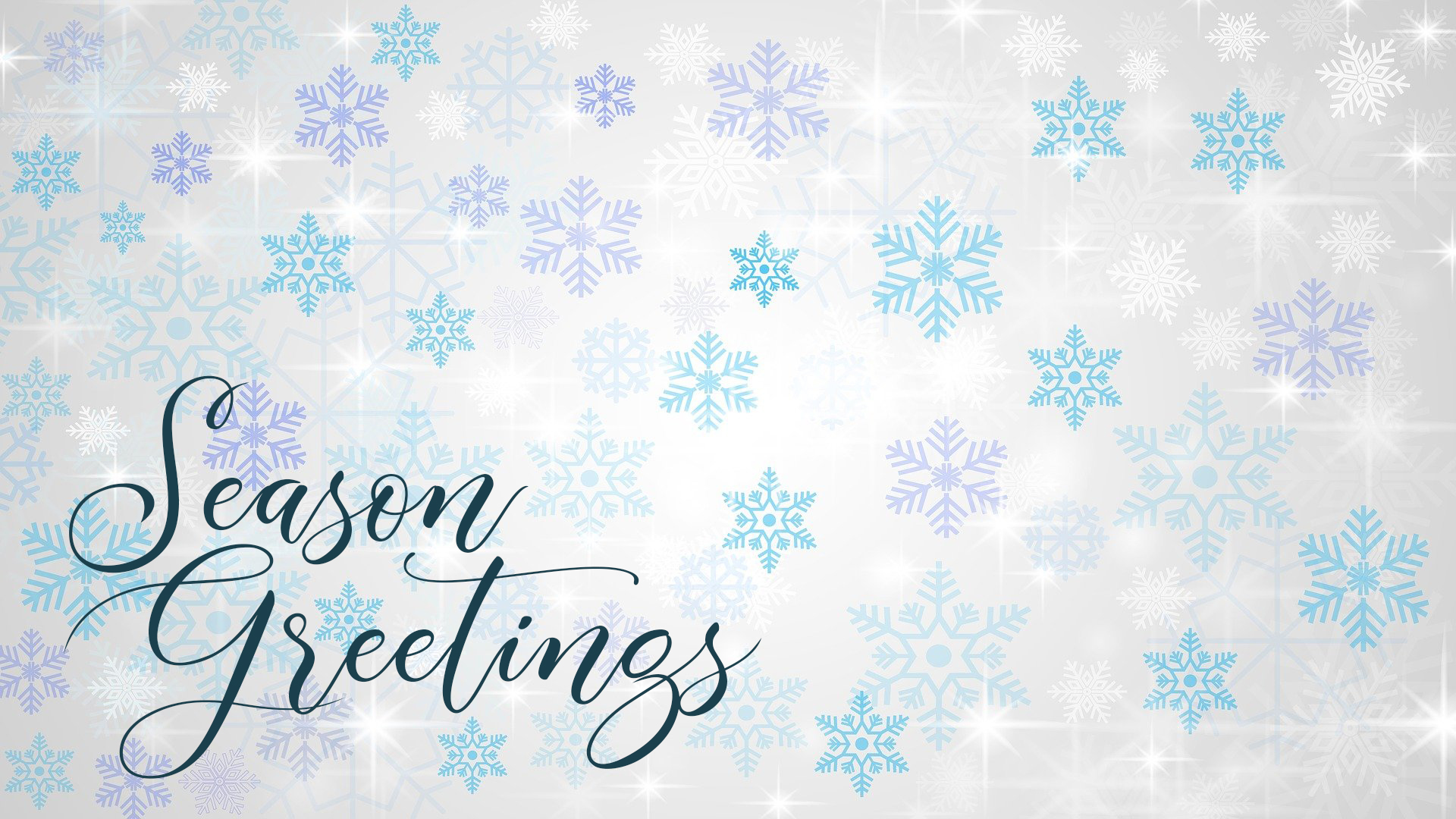 Grey background with blue, purple, and white snowflake pattern with twinkling white stars. Season Greetings is stacked in a cursive font on the bottom left corner of the graphic