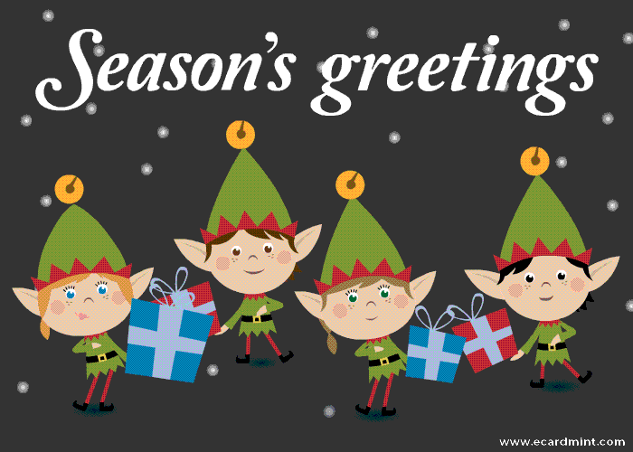 4 dancing elves holding presents standing in the snow with a grey background. Seasons greetings is in a white script font written across the top of the graphic