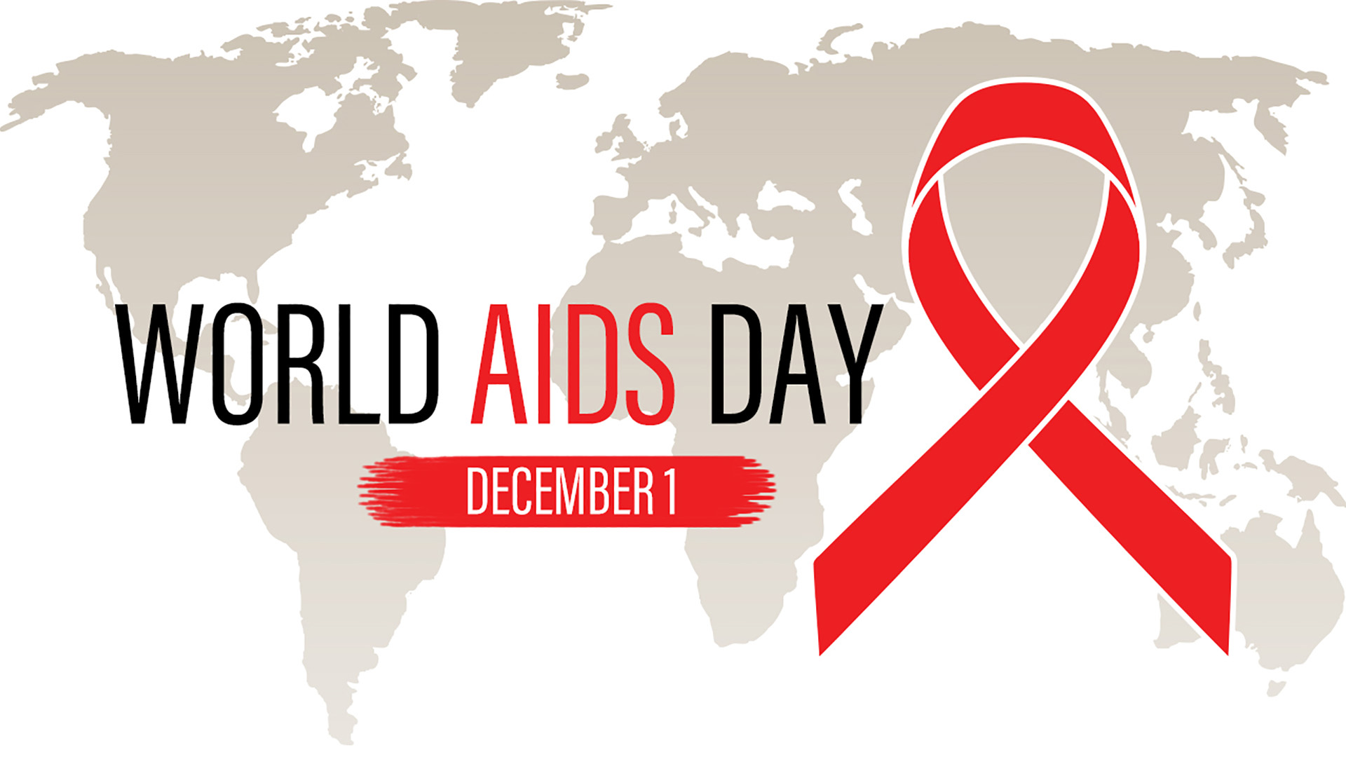 World Aids Day graphic of the word and a red ribbon place over the top of the world. World AIDS day written out.