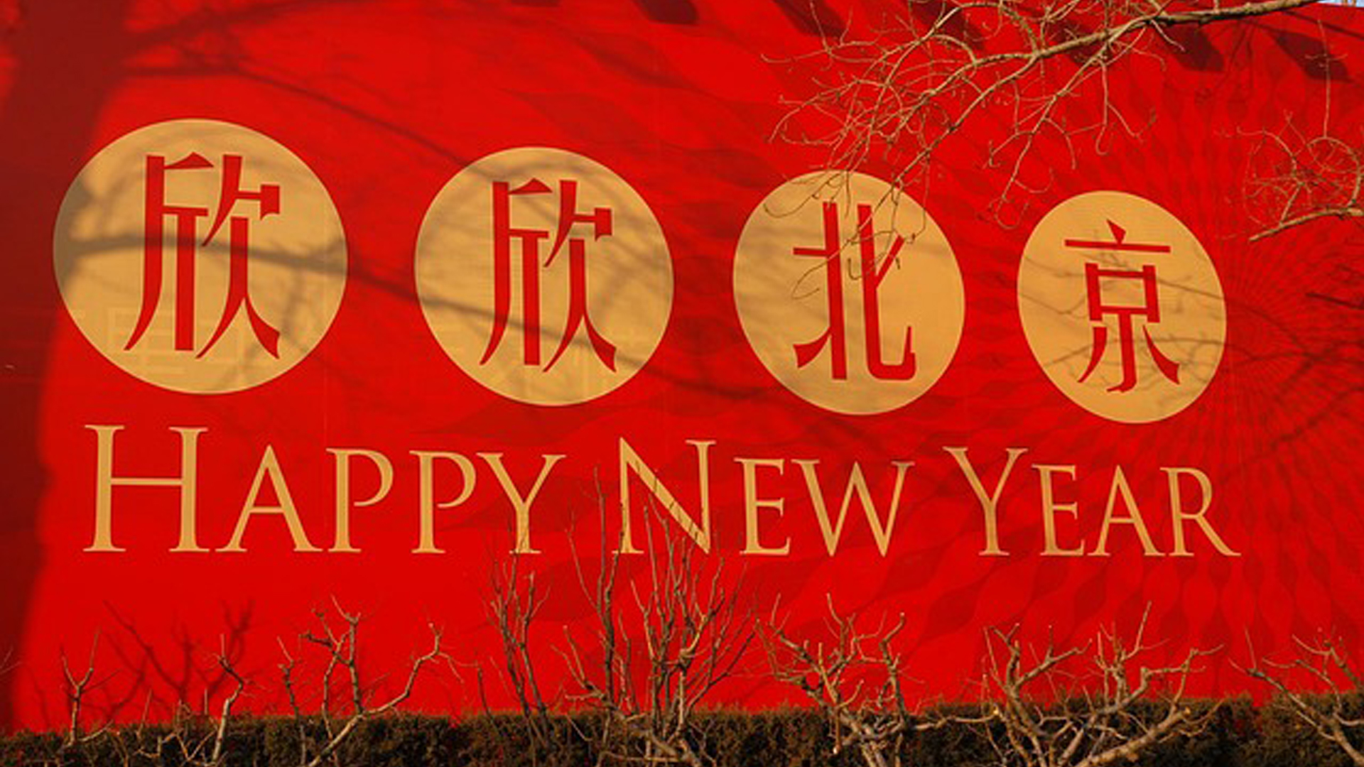 A photo of a printed red banner that reads "Happy New Year" placed above some bushes outside.