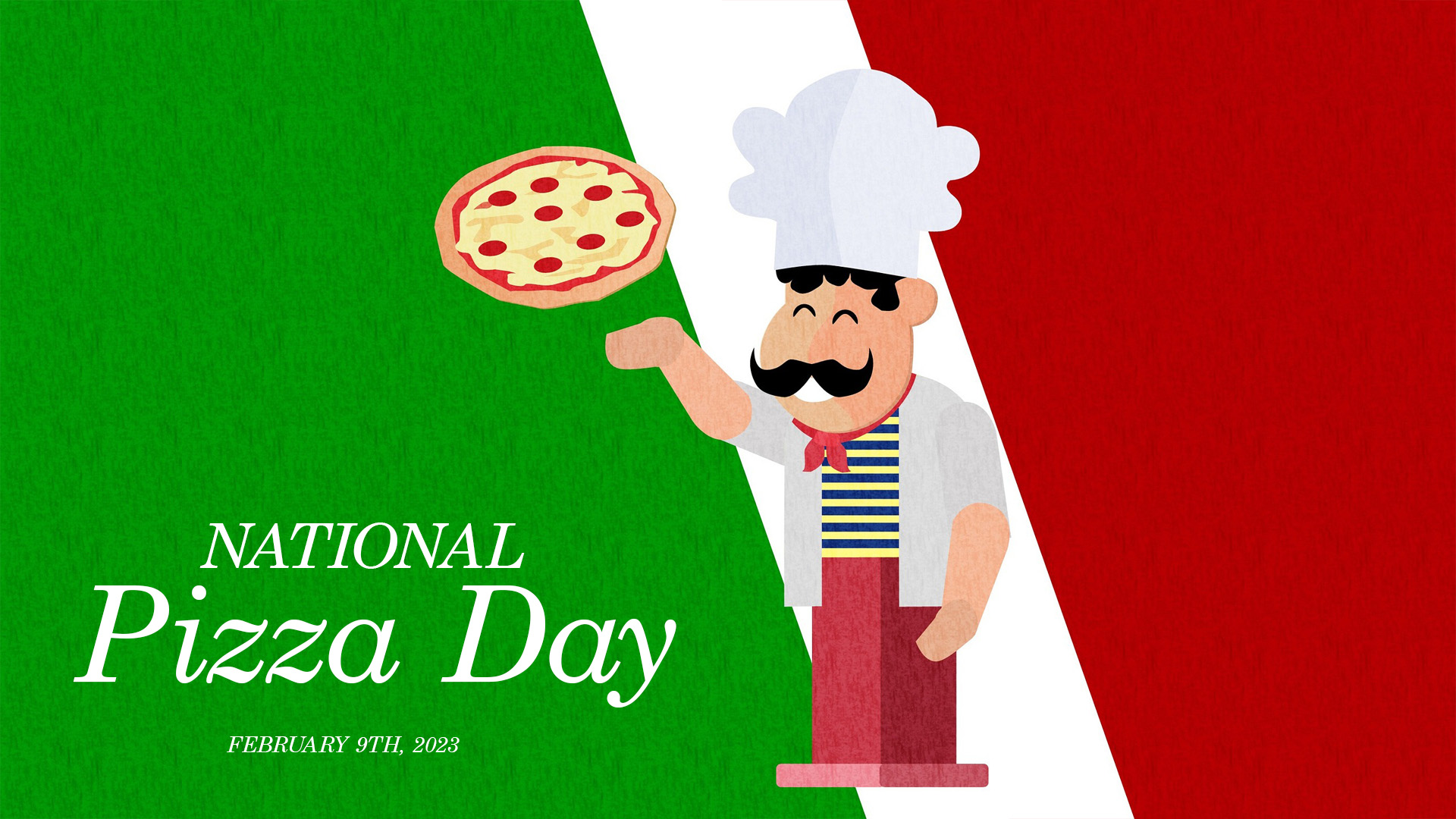 Background is made up of textured green, white, and red diagonal sections. Little illustrated italian chef throwing a pizza with a chef hat on.