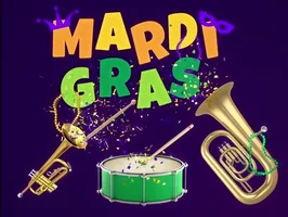 Purple background with dancing yellow, orange and green bold text spelling out "Mardi Gras". Across the bottom there is a trumpet, drum, and tuba being played.