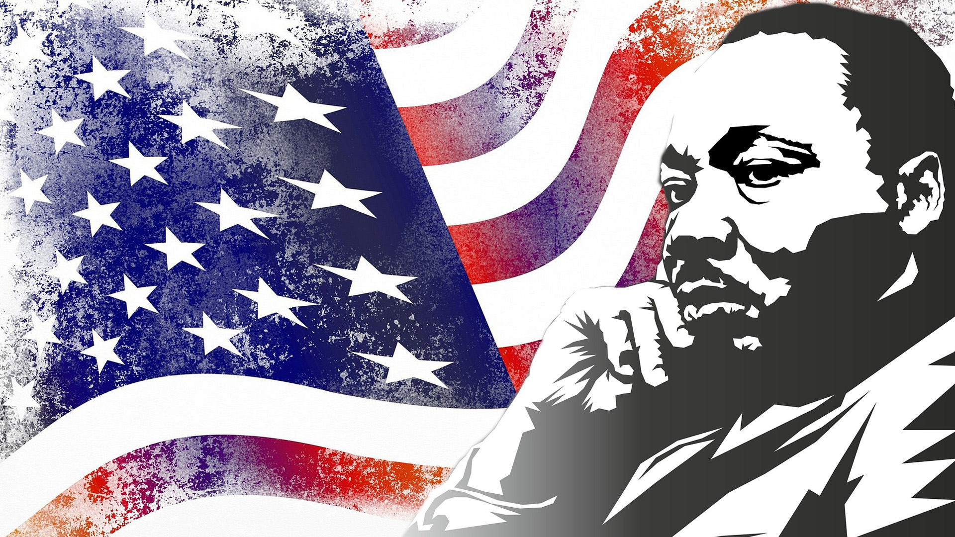 Red, White, and Blue illustrated Flag in the background with a illustrated Martin Luther King Jr. on the right side of the graphic with his hand resting on his face.