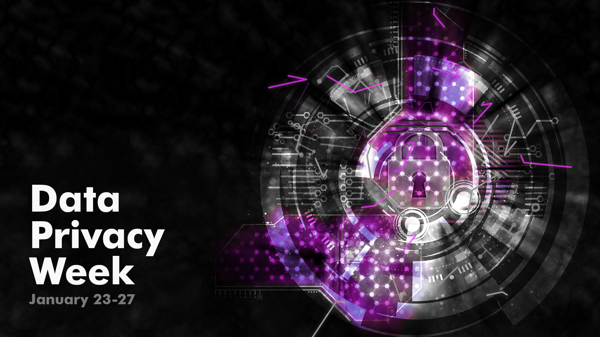 Black background with a circular illustration of grey gears and purple gradients with a lock in the middle. Data Privacy Week is spelt out on the bottom left corner.