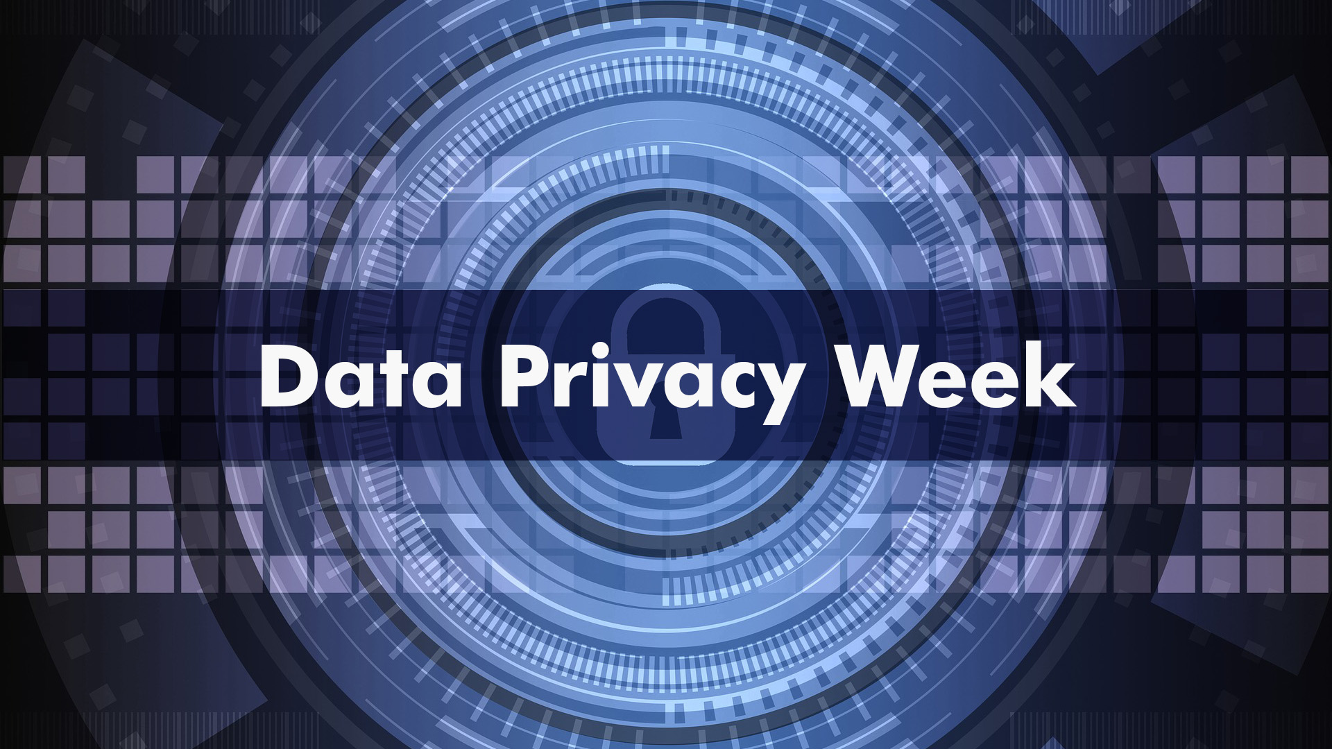 Black and navy blue background with a circular illustration in the center of the screen of grey gears and purple gradients with a lock in the middle. Data Privacy Week is spelt out across the middle of the screen.