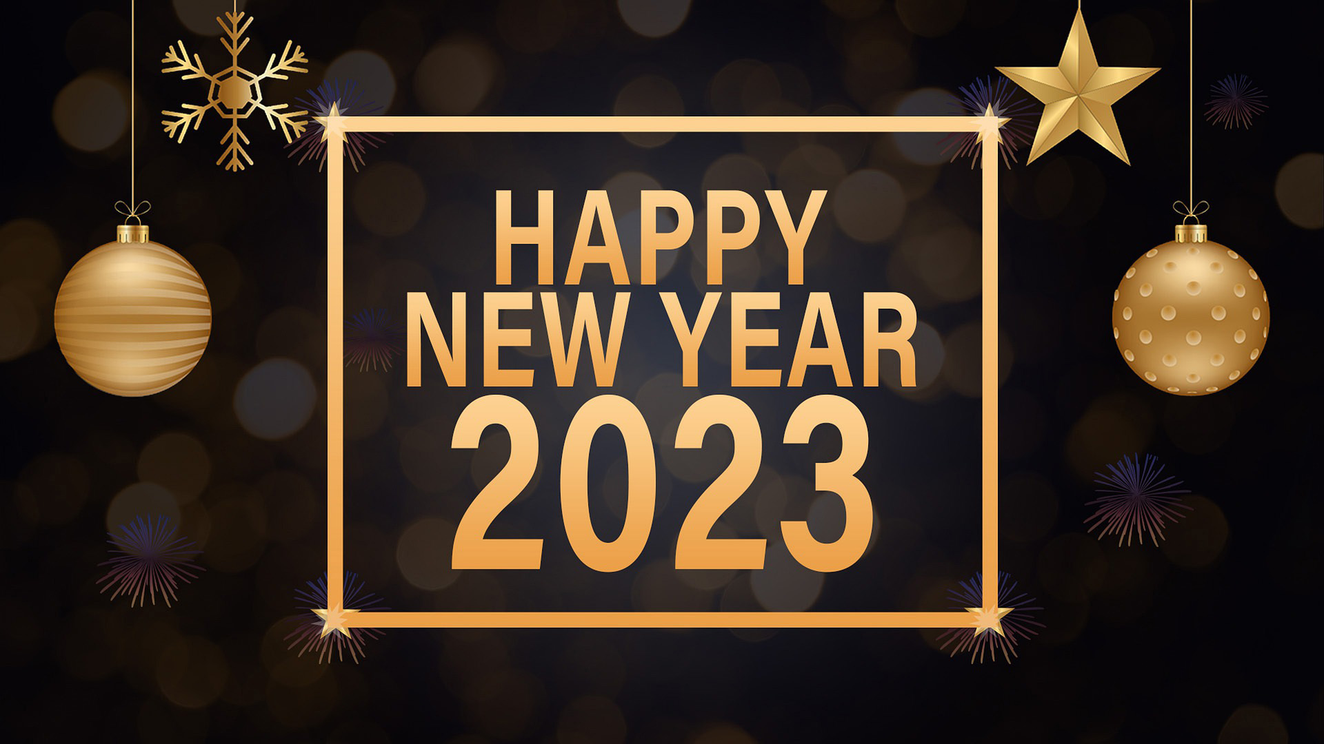 Black background with gold ornaments hanging from the top of the graphic. In the middle of the graphic it reads Happy New Year 2023 in a bold caps font.