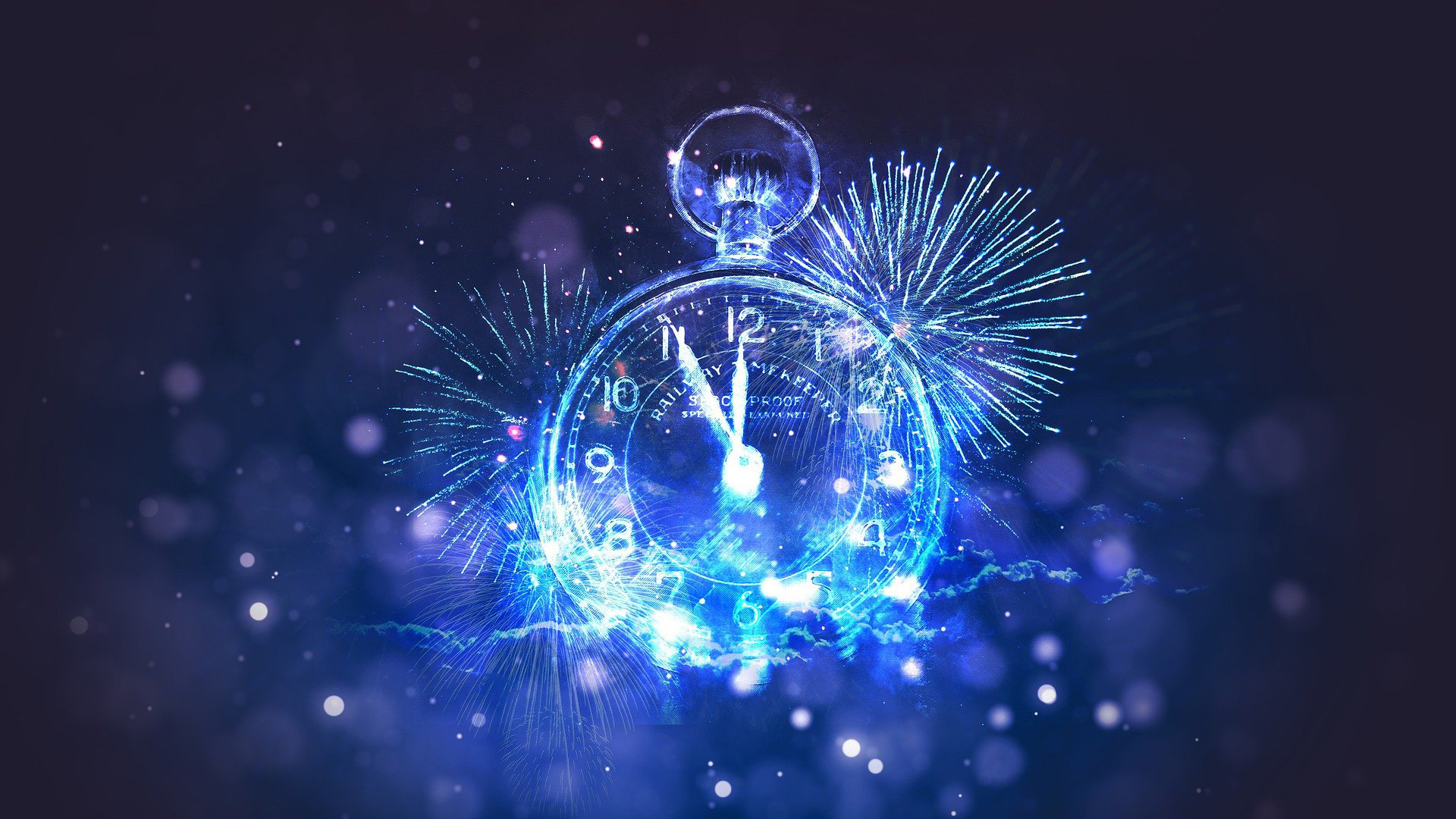 In the graphic there is a light blue background that is made up of gradients, fireworks, and lights. In the center of the graphic there is a stop watch looking clock which is about to strike midnight!