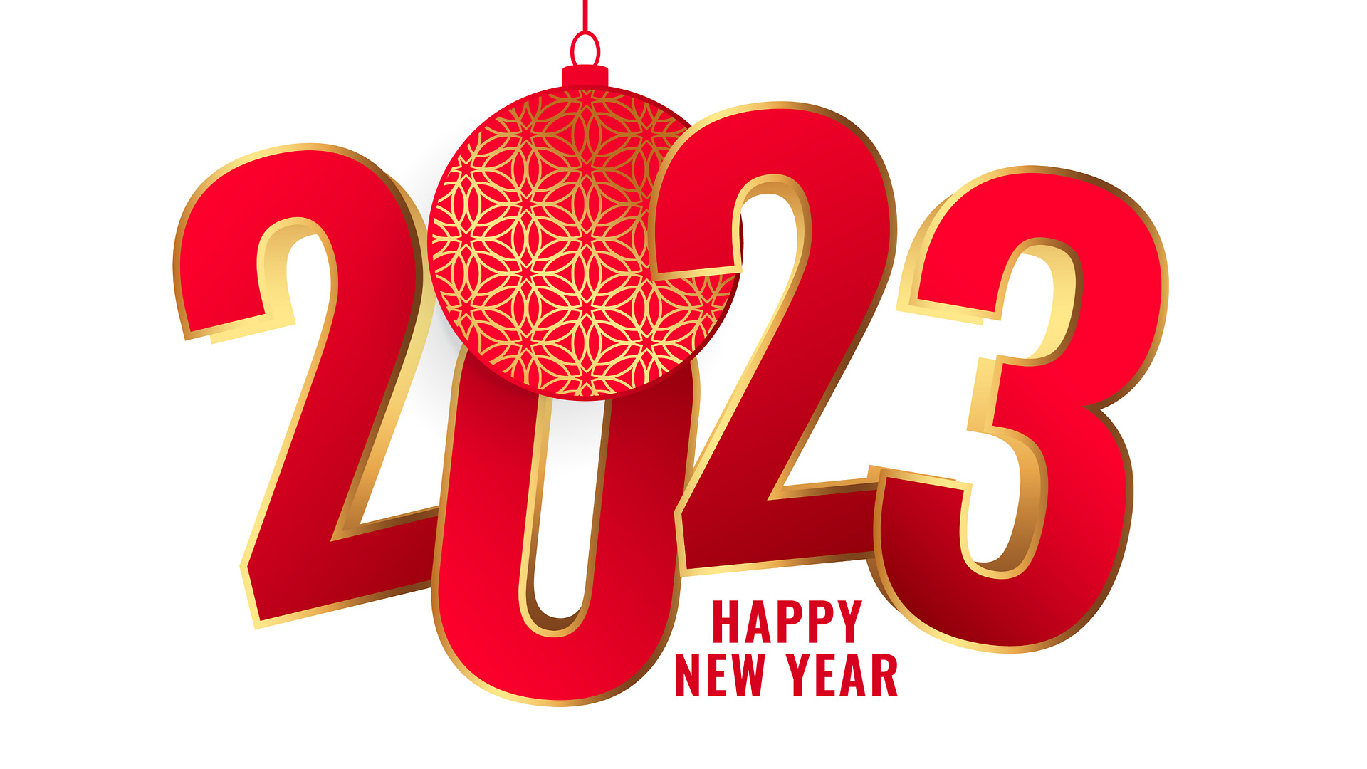 White background with a red and gold 3D text that reads 2023, which are overlapping each other. and toward the bottom in a smaller font it reads "Happy New Year"
