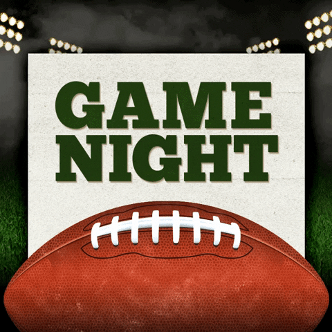 Animated graphic of a football spanning across the bottom of the graphic with a white sign coming out of it that says "Game Day" in green in a bold serif font. Stadium lights make up the background of the images with them turning on and off.