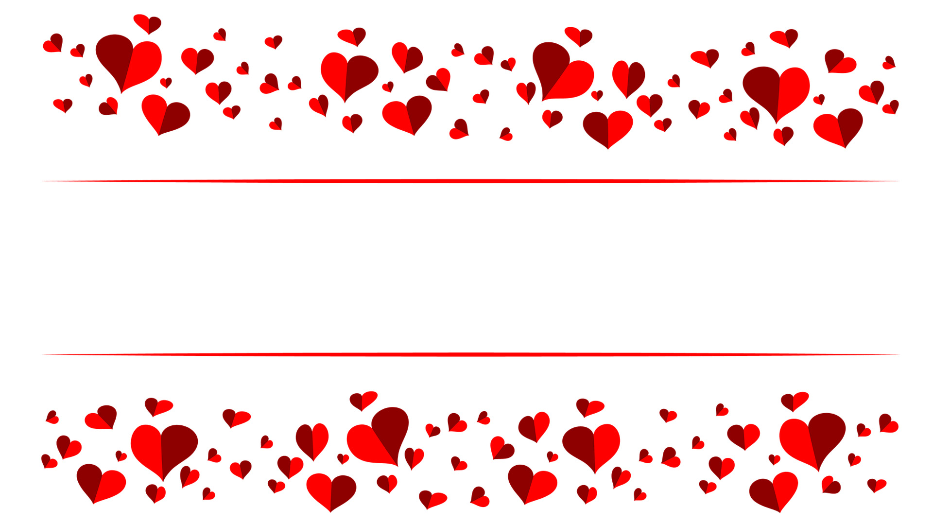 White background with two red horizontal lines breaking up the middle of the graphic. On the top and bottom of the graphic there are 2 toned small and big red hearts creating a pattern.