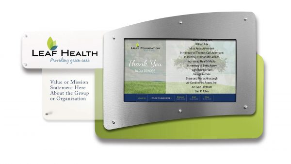 Digital Donor Recognition Wall Kiosk with surround, logo panel and text panel..