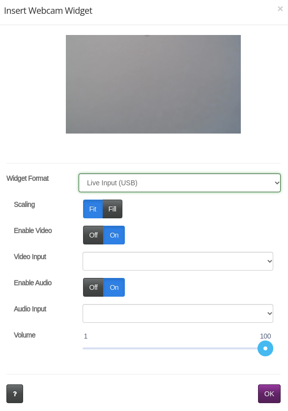 The webcam widget now accepts input from USB video and audio devices.