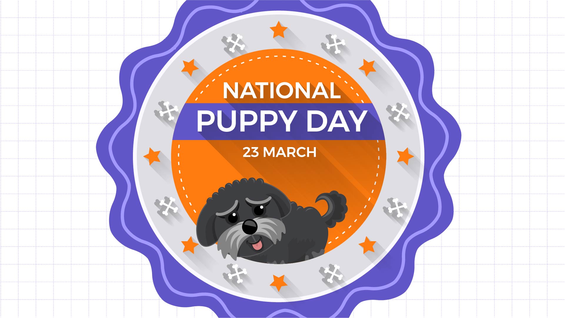 Grid background with squiggly purple circle interlaced with a a black puppy and text that says National Puppy Day 23 March