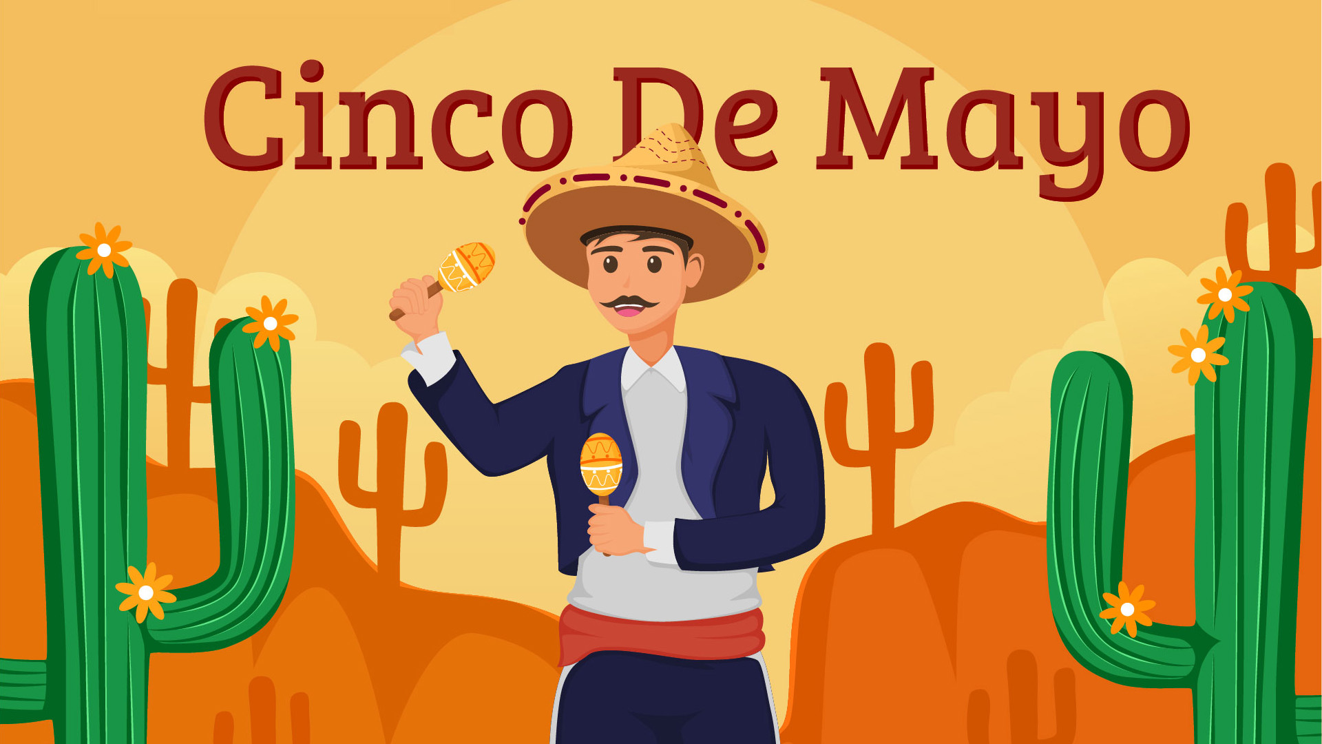 The background has different tints of orange making out to be a sun setting. There are 2 cactuses on the left and right side of the graphic and some in the distance making up a valley. There's a man wearing a deep purple tuxedo and a sombrero. They have maracas in both hands and appears to be dancing