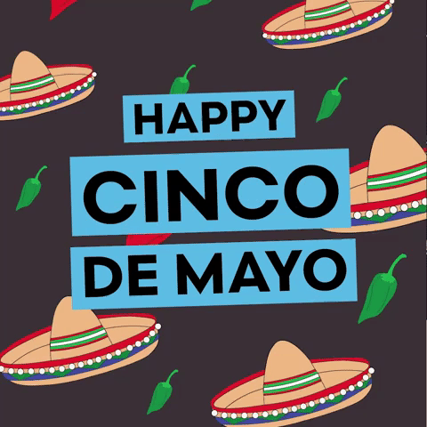 Animated graphic of sombreros and chili peppers falling from the the top of the graphic. Happy Cinco de Mayo is spelt out in capital black letters