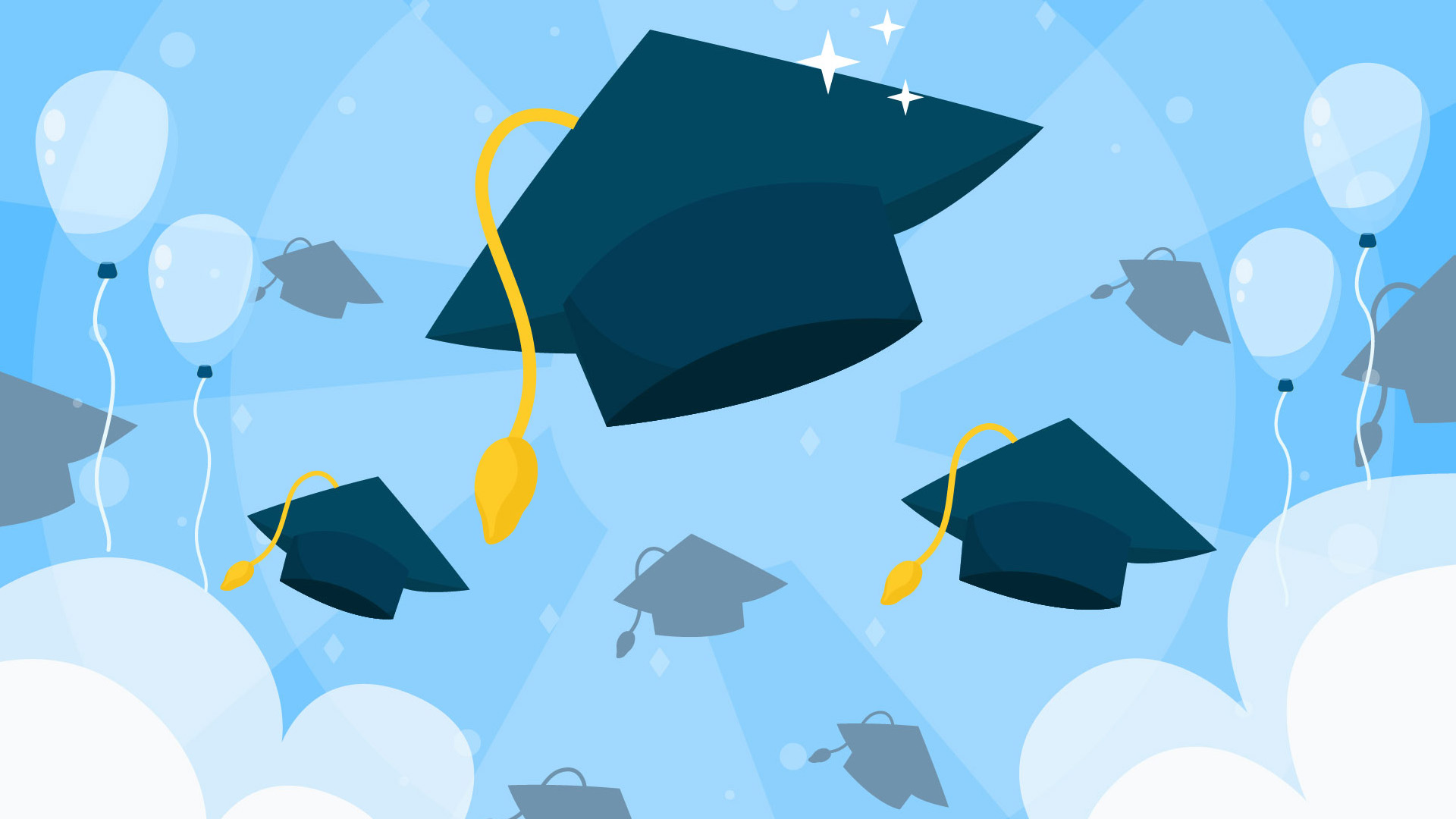 tints of blue span the background of this graphic. there are multiple graduation hats in the air, 3 being more prominent and detailed.