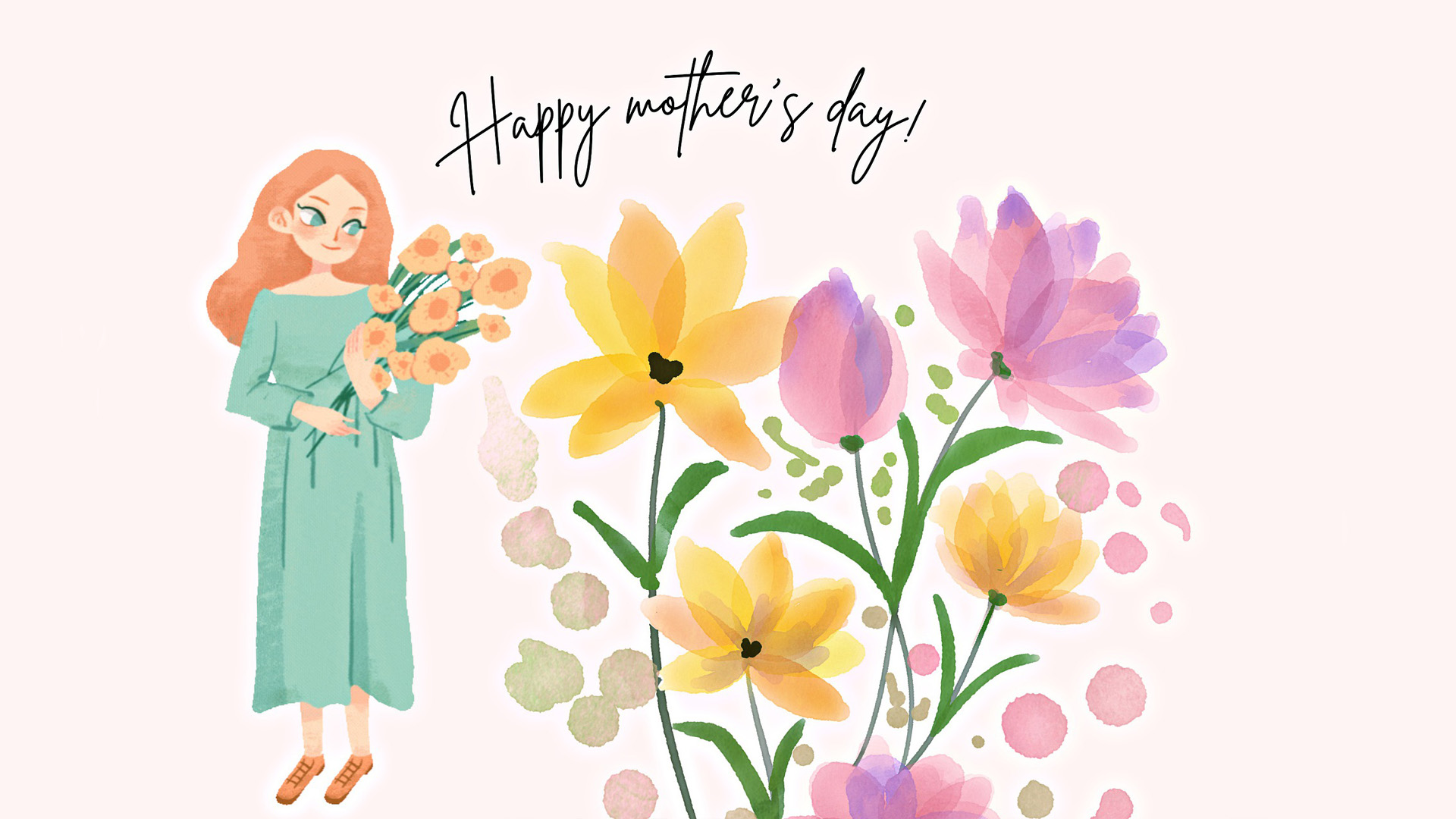 Light pink background with watercolor yellow, pink, purple, and green flowers make up the middle of the graphic a red haired woman is standing on the left side of the image in a mint green dress holding flowers. Happy Mother's Day is written across the top of the graphic in black script font.