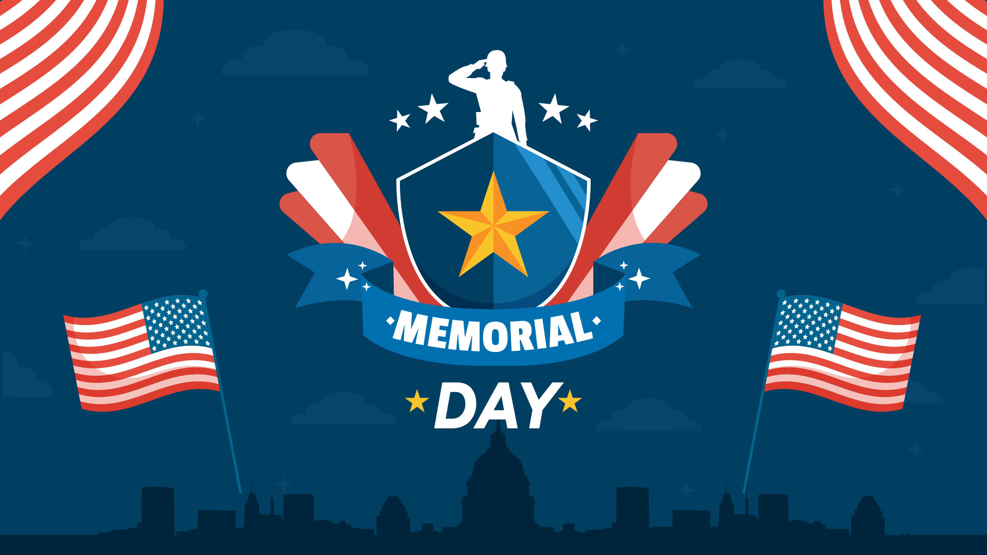 Navy blue background with silhouettes of a cityscape in the distance and shadows of clouds and stars in the background. There are two use flags on each side of the graphic and then in the middle of the graphic there is a blue shield with a yellow star in it. then red and white lines standing on each side. there is a animated blue ribbon/banner that reads memorial day in white lettering.