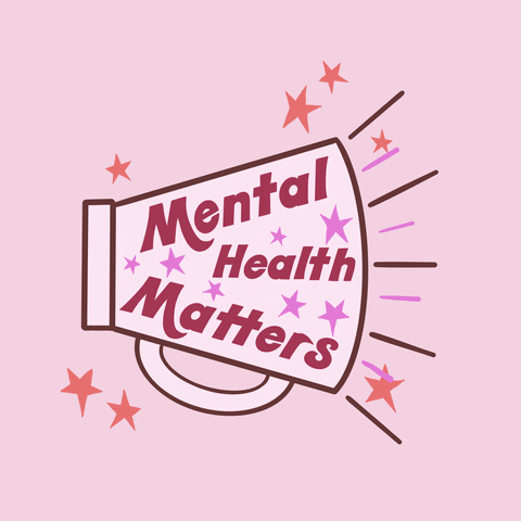 Animated graphic that shows an illustrated microphone with pink cursive lettering written inside it spelling Mental Health Matters. Lines and stars are illustrated and create movement by growing,