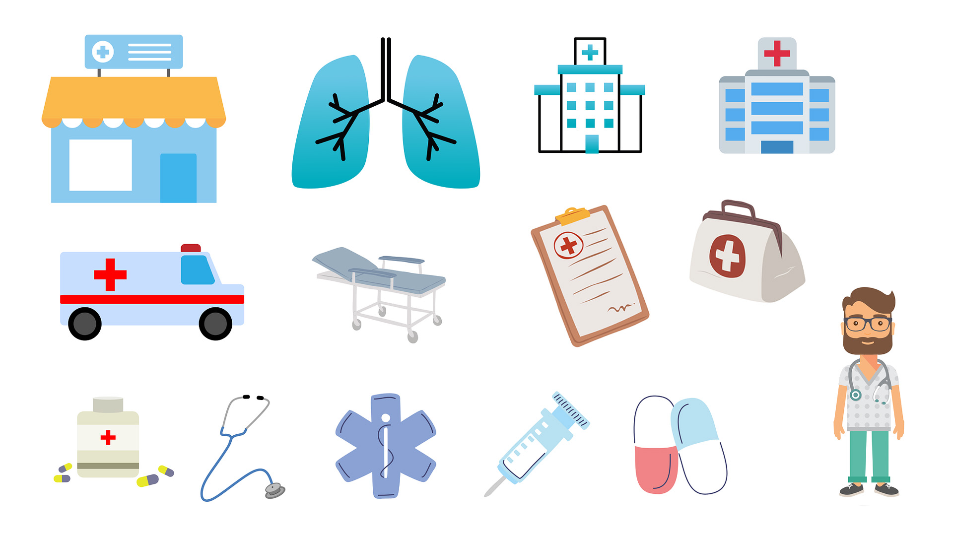 White background with different illustrated items that make up things associated with healthcare. Pharmacy, Lungs, Hospital, Ambulance, stretcher, clipboard, first aid bag, prescriptions, stethoscope, syringe, and a male nurse in scrubs.