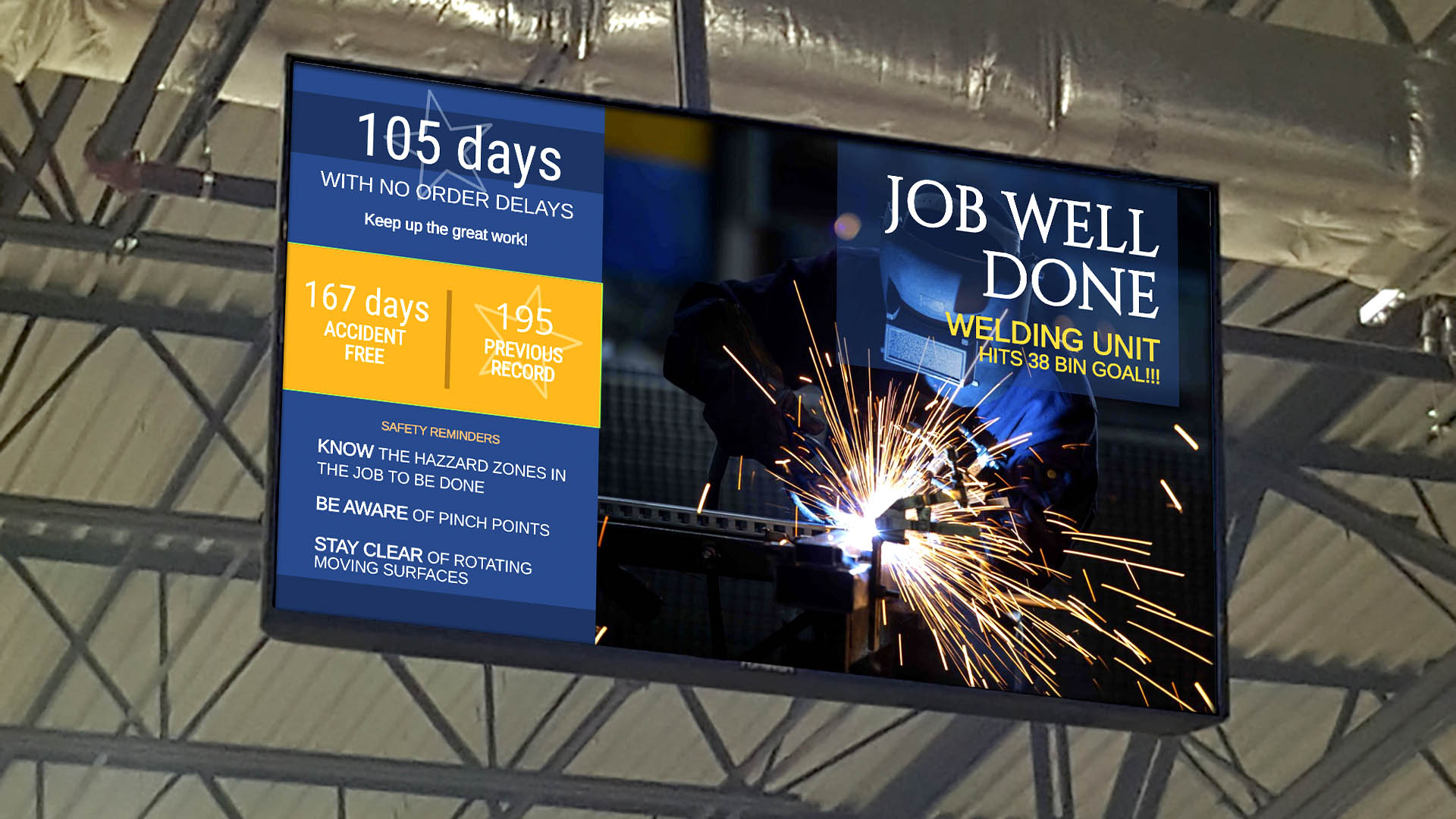 Arreya Digital Signage plays in a manufacturing facility showing the number of days without an accident