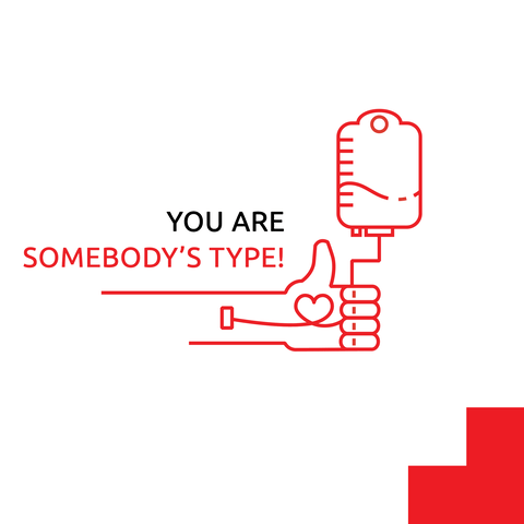 Animated graphic that has a white background and have red line art that makes up a hand with thumbs up and a vial of blood above it. Text reads You are Somebody's Type