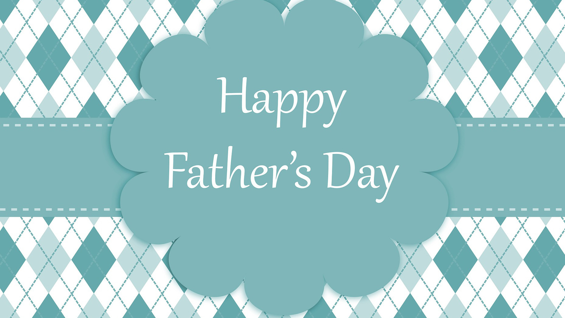 teal and white plaid background with teal bar across the center of the graphic. In the center of the image there is a flower like shape. In the center of the shape it reads Happy Father's Day.