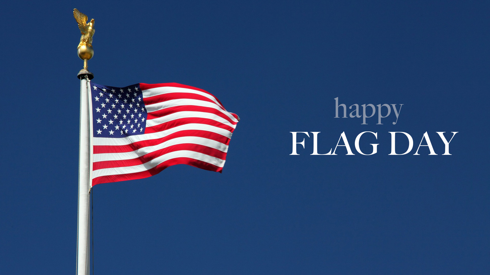 Still image of the USA flag waving in the wind on a flag pole! There is a blue sky with no cloud coverage. Along the right center of the graphic white text reads Happy Flag Day!