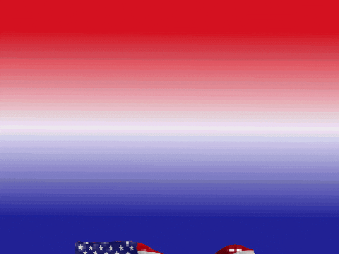 Animated graphic of a USA flag flowing! The background is a red, white, and blue gradient. Along the top center of the graphic white pixelated text reads Happy Flag Day!
